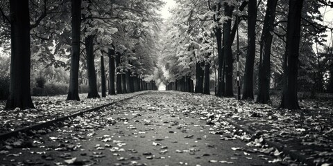 A serene black and white image of a tree lined path. Perfect for nature and landscape themes