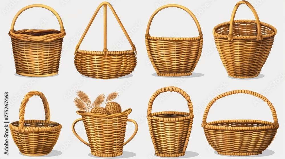 Poster a collection of wicker baskets with handles, perfect for home organization