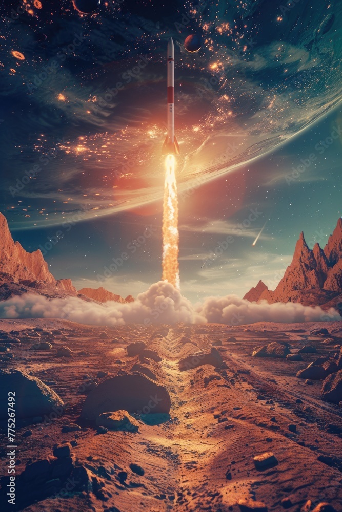 Poster A space rocket flying through the sky over a mountain range. Suitable for science fiction and space exploration concepts