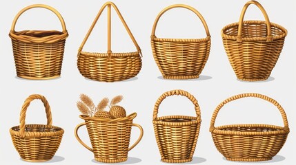 A collection of wicker baskets with handles, perfect for home organization