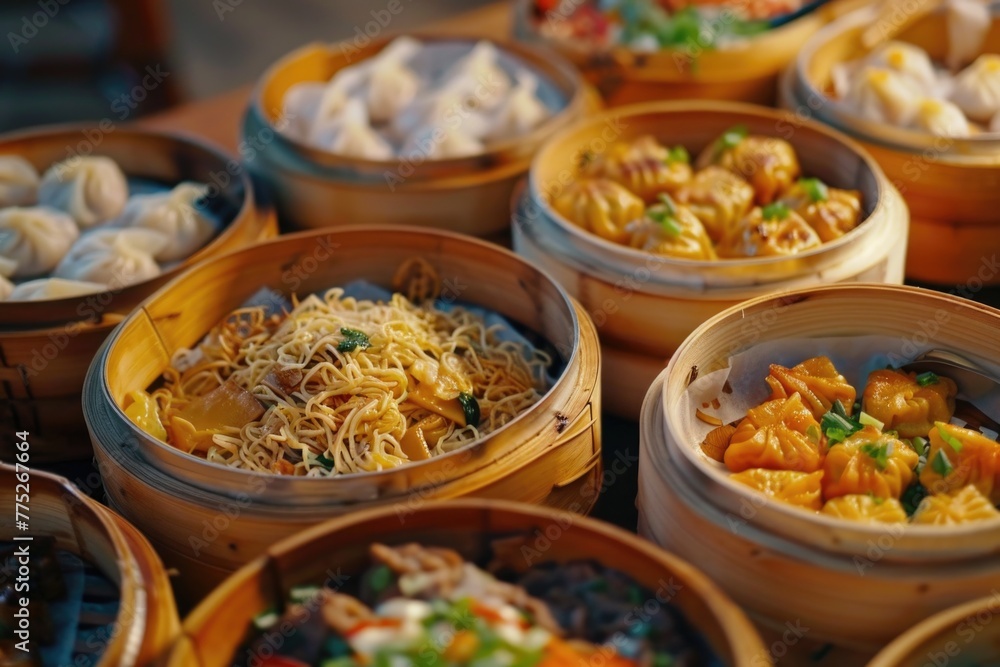 Poster A table covered with an assortment of different types of food. Perfect for food bloggers or restaurant promotions