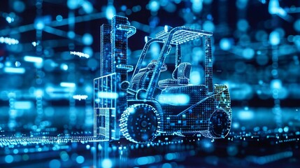 digital blue forklift truck with glowing data streams symbolizes the optimization of artificial intelligence in warehouse management and inventory control. 
