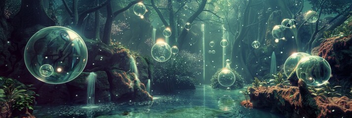 Mystical 3D landscape, where magical springs and floating orbs of light create a sanctuary of tranquility, inviting exploration into the unknown and mysterious - obrazy, fototapety, plakaty