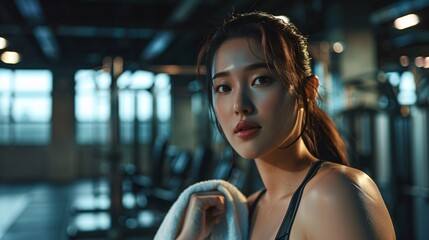 Fitness Asian woman after training in gym - obrazy, fototapety, plakaty