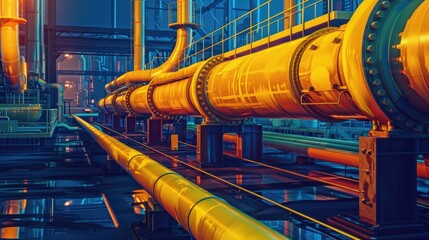 A large yellow pipe in a spacious industrial building. Suitable for engineering and construction...
