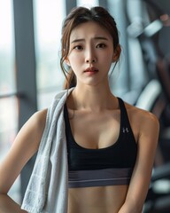 Fitness Asian woman after training in gym