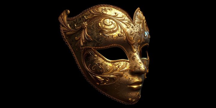 Elegant gold masquerade mask on a dark, mysterious background. Perfect for themed events and parties