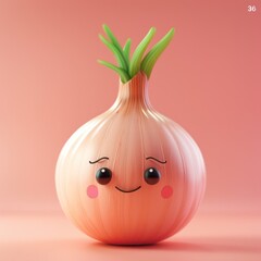 Cartoon onion with a cute face and green shoots on top, against a pink background.