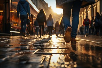 Group of people walking on wet street - obrazy, fototapety, plakaty
