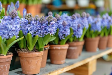 Many blue violet flowering hyacinths in pots are displayed on shelf in floristic store or at street market. - obrazy, fototapety, plakaty