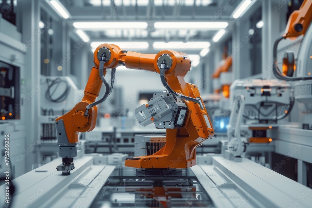 Leinwandbilder robotic arm for electronic assembly line. smart modern factory automation using advanced machines.