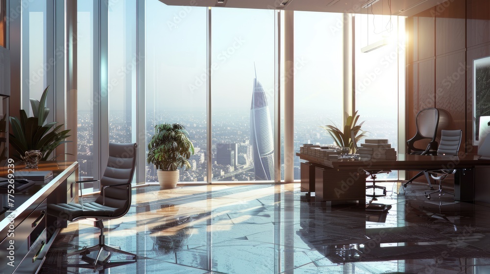 Poster panorama view inside office in skyscraper. beautiful modern office in skyscraper.