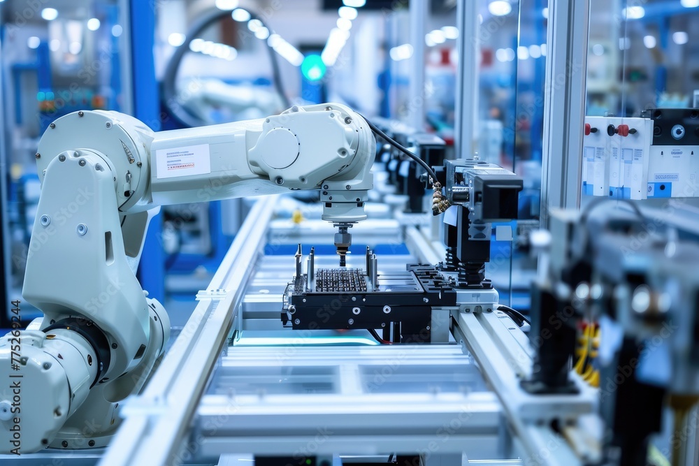 Fototapete Robotic arm for electronic assembly line. Smart modern factory automation using advanced machines.