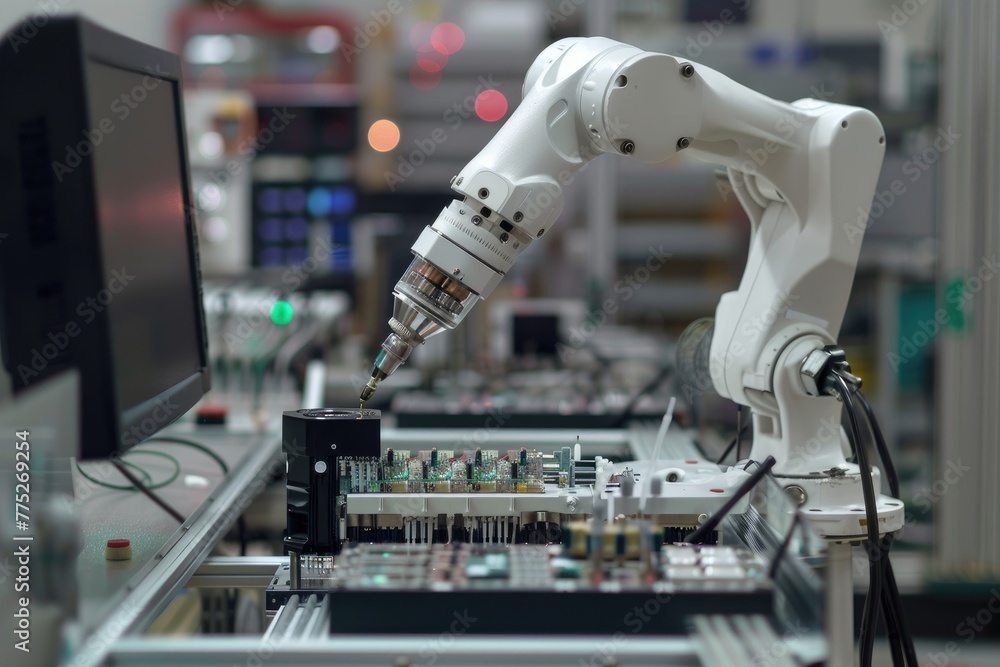 Fototapete robotic arm for electronic assembly line. smart modern factory automation using advanced machines.