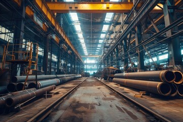 Steel pipes inside the factory or warehouse. Industrial production - obrazy, fototapety, plakaty