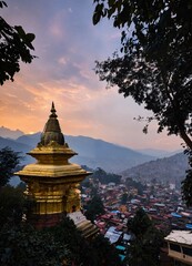 Soyambhunath Temple at evening: Serene ambiance, golden hues, prayer flags fluttering, monks chanting—a tranquil sanctuary amidst bustling Kathmandu. - obrazy, fototapety, plakaty