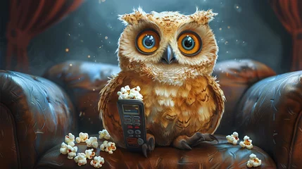 Rolgordijnen owl looking tv and eating popcorn © bmf-foto.de