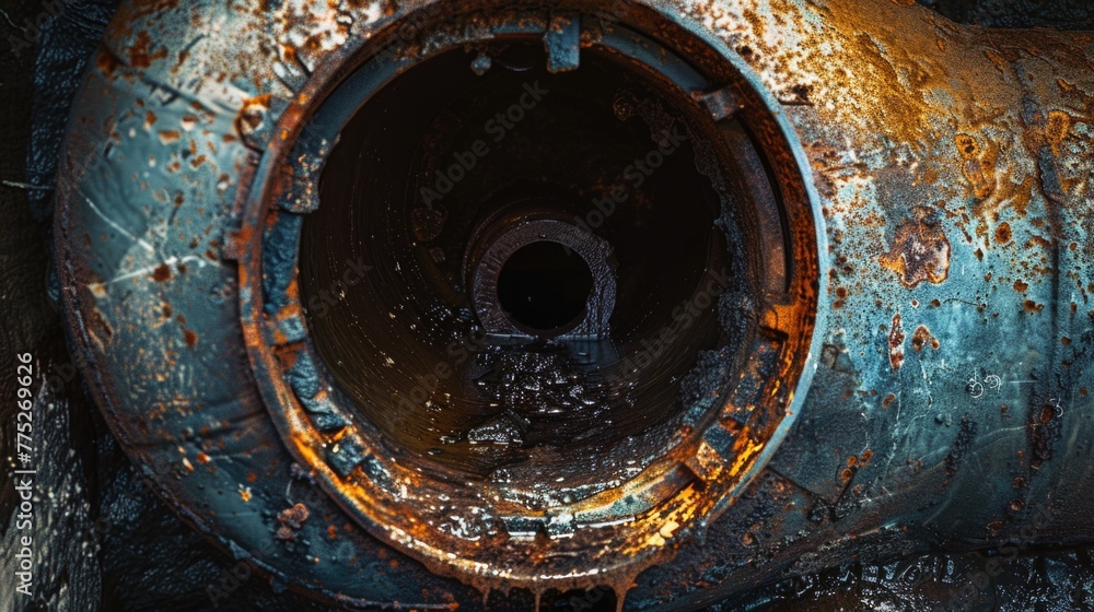 Poster a rusty pipe with a visible hole, suitable for industrial concepts