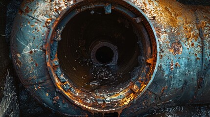 A rusty pipe with a visible hole, suitable for industrial concepts - obrazy, fototapety, plakaty
