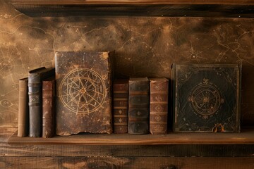 Classic Leather Bound Books on an Aged Wooden Shelf - obrazy, fototapety, plakaty