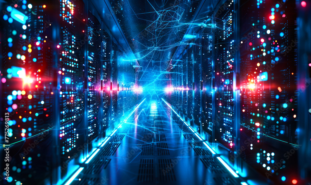 Poster advanced network infrastructure within data center showcasing high speed connectivity and informatio