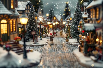 Twilight Snowfall Over Cobblestone Miniature Holiday Village