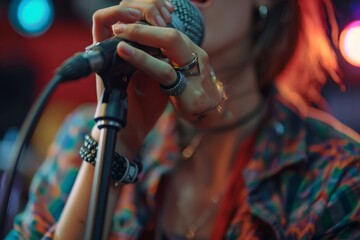 Vocalist Adjusting Microphone on Stage, Intense Focus
