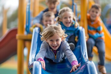 Fototapeta na wymiar Exhilarating Playground Slide Adventure for a Smiling Child