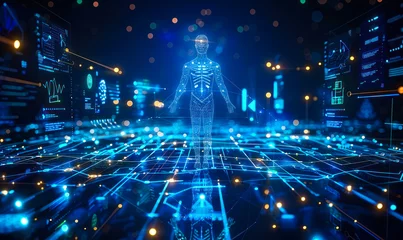 Foto op Plexiglas Futuristic digital health ecosystem concept, interconnected medical data and technology network visualization with glowing icons, shapes and lines on abstract blue background © Bartek