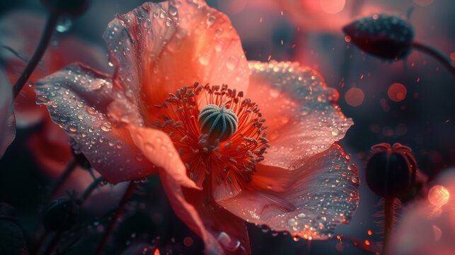 A close up of a flower with water droplets on it, AI