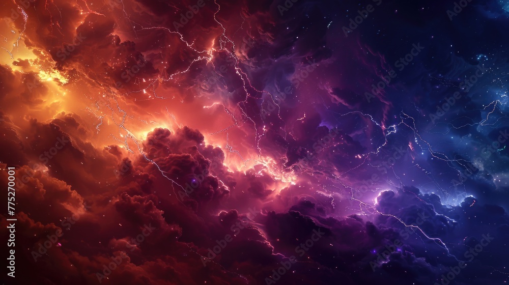Poster dramatic image of a colorful sky with lightning, perfect for weather-related designs