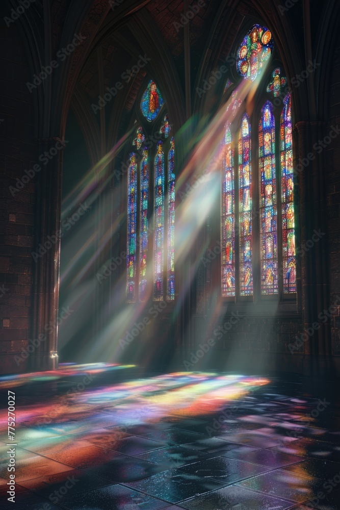 Poster sunlight shining through colorful stained glass window in cathedral. ideal for religious or spiritua