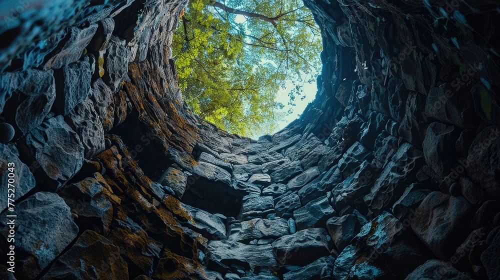 Poster a hole in a rock wall with a tree in the middle. suitable for nature and outdoor themes