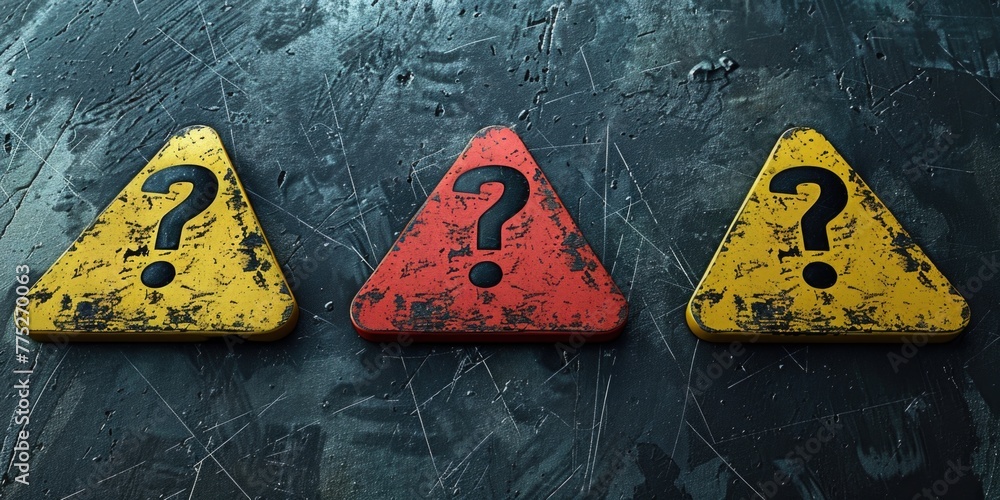 Poster Three triangular signs with question marks. Suitable for educational materials