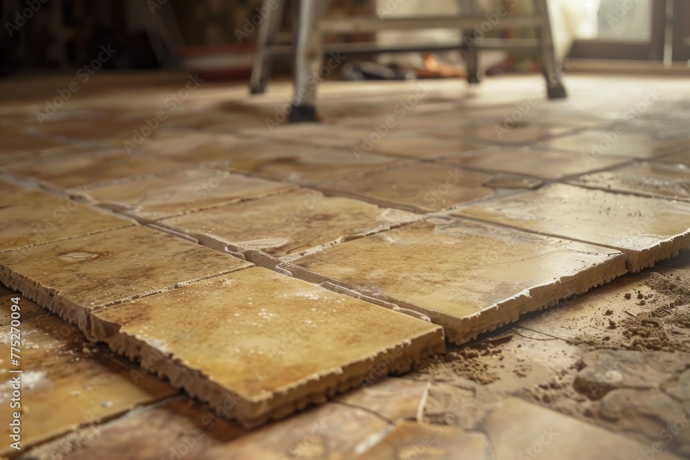 Poster Close up of a tile floor with a chair in the background. Suitable for interior design concepts