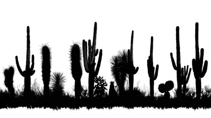 Silhouettes of cactus plants against a white backdrop. Suitable for various design projects - obrazy, fototapety, plakaty