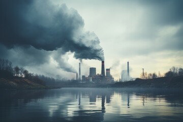Obraz na płótnie Canvas Smoke billows from a factory chimney situated near a body of water, polluting the air and potentially affecting the surrounding environment and wildlife