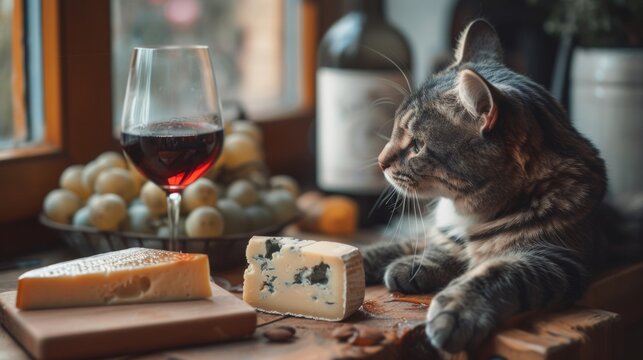 A cat sitting next to a glass of wine and cheese, AI