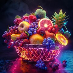 Obraz na płótnie Canvas A colorful assortment of fresh fruits illuminated by neon lighting, artfully arranged in a basket against a dark background with a reflective surface.