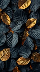 A natural backdrop featuring a detailed texture of leaves in striking dark blue and golden hues, symbolizing seasonal change.