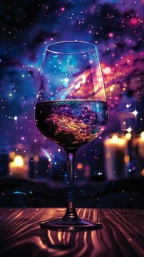 A captivating image of a wine glass filled with a galaxy-like liquid against a mesmerizing cosmic backdrop, sparking a sense of wonder.