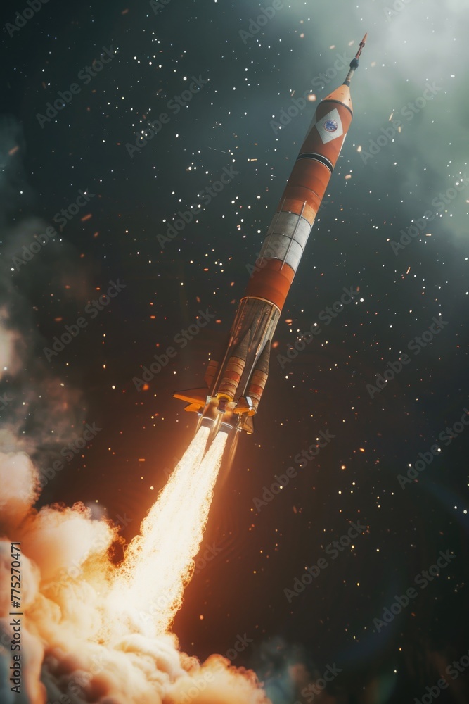 Poster a powerful rocket taking off into the sky, ideal for technology and innovation concepts