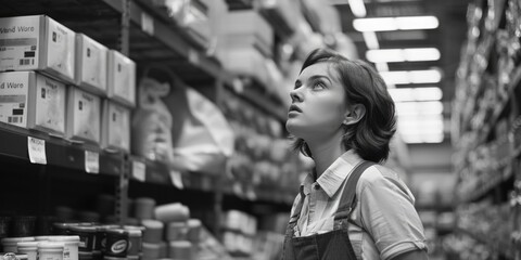 A woman standing in a store looking up. Suitable for retail and consumerism concepts