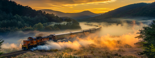 Historic steam train crossing foggy landscape, nostalgic journey through nature - obrazy, fototapety, plakaty