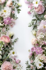 Beautiful pink and white flowers with greenery on a white background. Perfect for spring and nature-themed designs