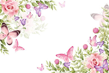 Butterfly border frame. Watercolor illustration. Pink and lilac cute butterflies card. Floral background  © Nataliya Kunitsyna