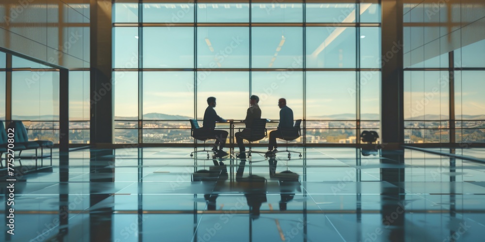Poster two people sitting at a table near a large window. suitable for interior design concepts
