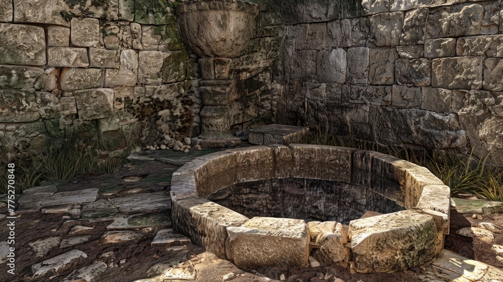 Poster A well in the middle of a stone wall. Suitable for architectural projects