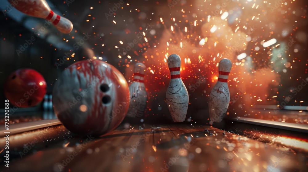 Poster a dynamic image of a bowling ball striking a group of pins. perfect for sports and leisure concepts