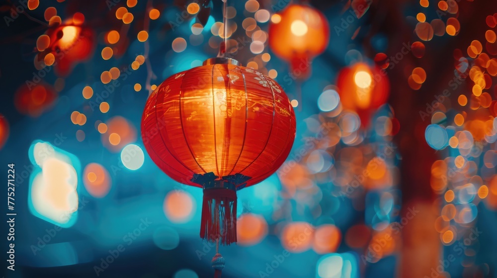 Poster a vibrant red lantern hanging from a string of lights. perfect for festive decorations